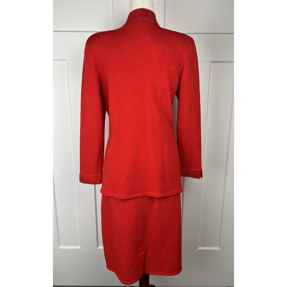 Vintage Toula Red Crystal Knit Skirt Suit Evening Jacket Set Size 12 Elegant - Picture 8 of 14